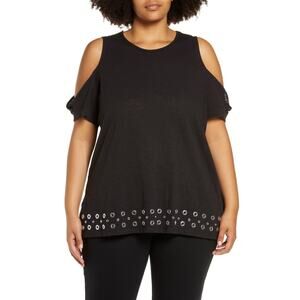 MICHAEL KORS  Black Cold Shoulder Grommets At Hem Heather  Plus 3x (b40)